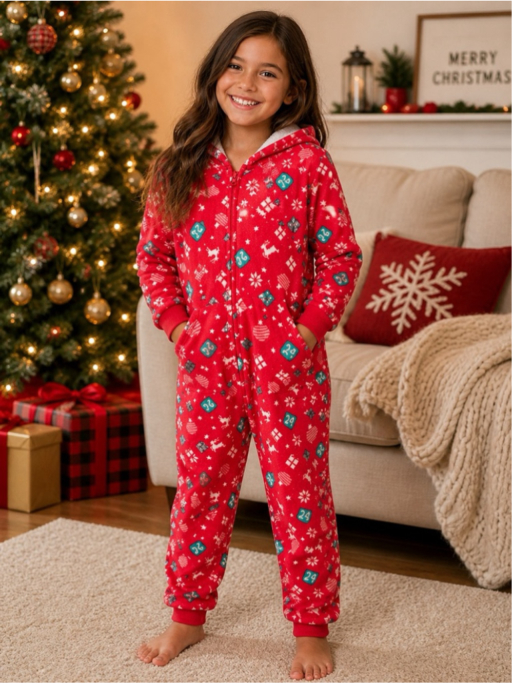 Girls Esmara Christmas One-Piece Pajamas M 8/10 Red Snowflakes Reindeer